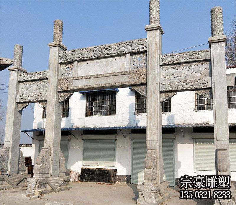 園林景區門口擺放簡易三門石牌坊石雕